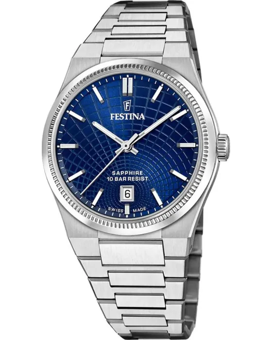 Ανδρικό ρολόι Festina Rive Swiss Made F20051 / 4, Μπλε καντράν, Μπρασελέ από Ανοξείδωτο ατσάλι