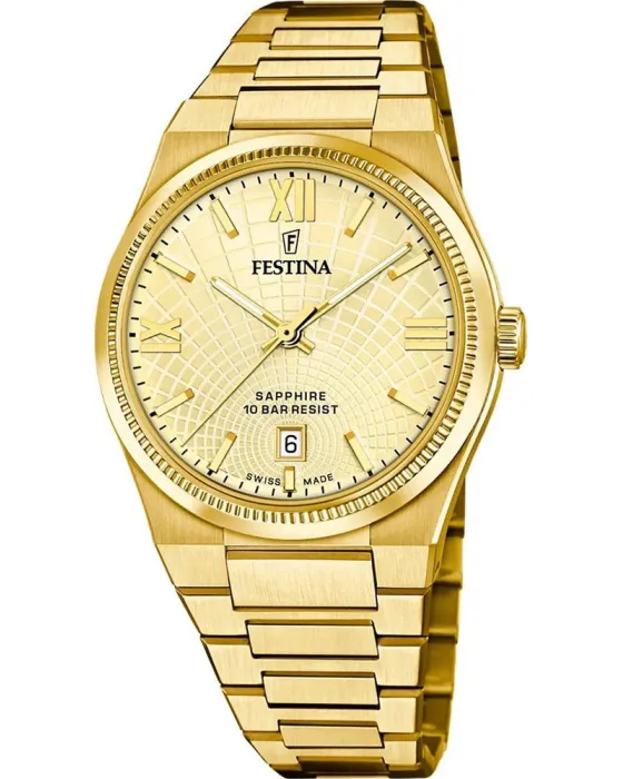 Ανδρικό ρολόι Festina Rive Swiss Made F20057 / 2, Χρυσό καντράν, Μπρασελέ από Ανοξείδωτο ατσάλι