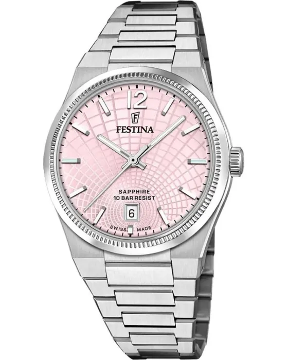 Γυναικείο ρολόι Festina Rive Swiss Made F20052 / 3, Ροζ καντράν, Μπρασελέ από Ανοξείδωτο ατσάλι