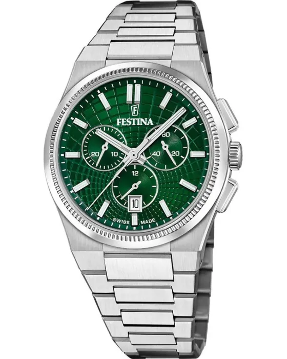 Ανδρικό ρολόι Festina Rive Swiss Made Chronograph F20059 / 3, Πράσινο καντράν, Μπρασελέ από Ανοξείδωτο ατσάλι