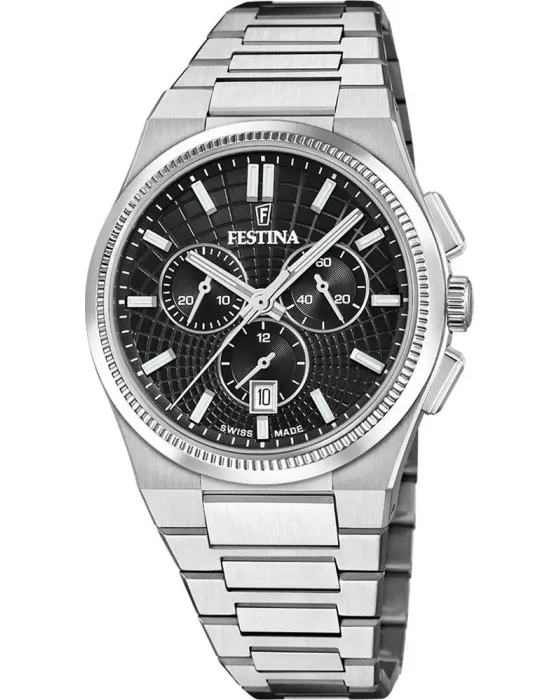 Ανδρικό ρολόι Festina Rive Swiss Made Chronograph F20059 / 4, Μαύρο καντράν, Μπρασελέ από Ανοξείδωτο ατσάλι