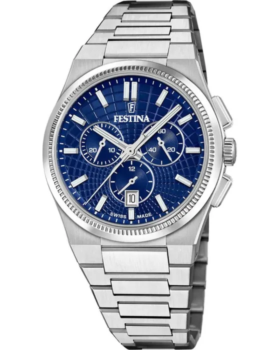 Men's watch Festina Rive Swiss Made Chronograph F20059 / 2, Blue dial, Bracelet in Stainless Steel