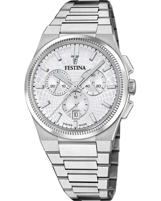 Ανδρικό ρολόι Festina Rive Swiss Made Chronograph F20059 / 1, Ασημί καντράν, Μπρασελέ από Ανοξείδωτο ατσάλι
