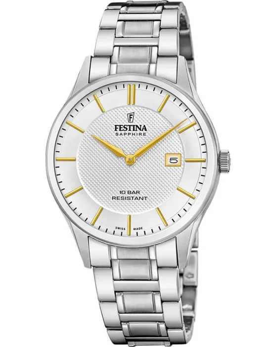 Ανδρικό ρολόι Festina Swiss Made F20067 / 2, Λευκό καντράν, Μπρασελέ από Ανοξείδωτο ατσάλι
