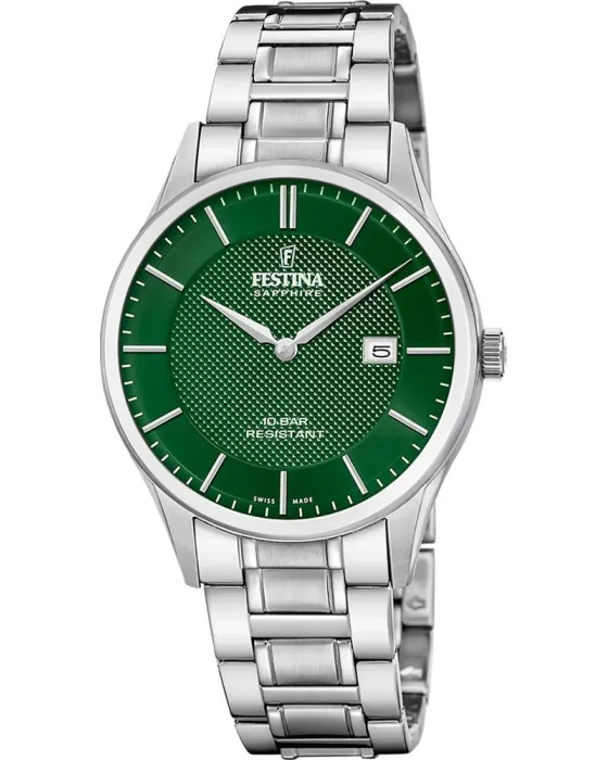 Ανδρικό ρολόι Festina Swiss Made F20067 / 5, Πράσινο καντράν, Μπρασελέ από Ανοξείδωτο ατσάλι