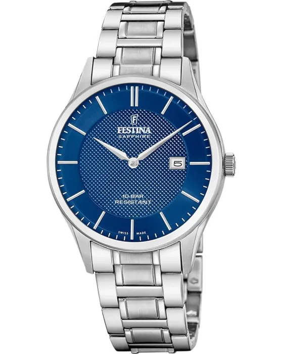 Ανδρικό ρολόι Festina Swiss Made F20067 / 4, Μπλε καντράν, Μπρασελέ από Ανοξείδωτο ατσάλι