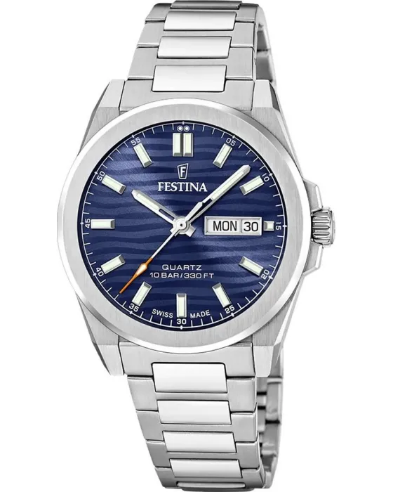 Ανδρικό ρολόι Festina Dune Swiss Made F20073 / 2, Μπλε καντράν, Μπρασελέ από Ανοξείδωτο ατσάλι