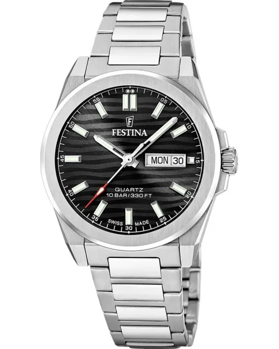 Ανδρικό ρολόι Festina Dune Swiss Made F20073 / 5, Μαύρο καντράν, Μπρασελέ από Ανοξείδωτο ατσάλι