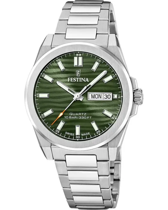 Ανδρικό ρολόι Festina Dune Swiss Made F20073 / 4, Πράσινο καντράν, Μπρασελέ από Ανοξείδωτο ατσάλι