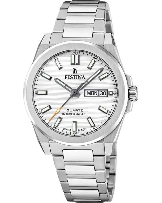 Ανδρικό ρολόι Festina Dune Swiss Made F20073 / 1, Λευκό καντράν, Μπρασελέ από Ανοξείδωτο ατσάλι