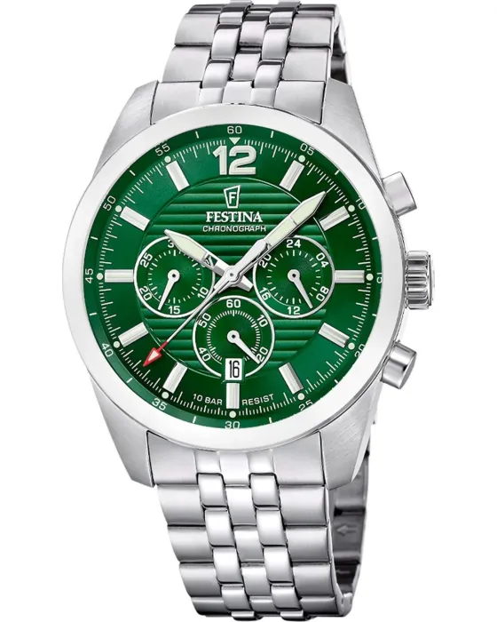 Ανδρικό ρολόι Festina Chronograph F20742 / 2, Πράσινο καντράν, Μπρασελέ από Ανοξείδωτο ατσάλι