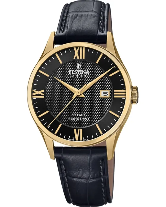 Ανδρικό ρολόι Festina F20010 / 4, Μαύρο καντράν, Λουρί από Δερμάτινο
