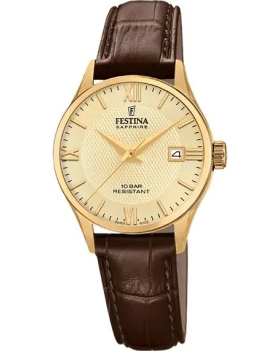 Γυναικείο ρολόι Festina F20011 / 6, Χρυσό καντράν, Λουρί από Δερμάτινο