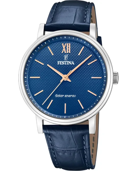Ανδρικό ρολόι Festina Solar F20660 / 4, Μπλε καντράν, Λουρί από Δερμάτινο
