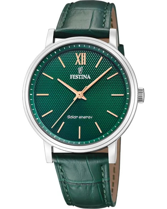 Ανδρικό ρολόι Festina Solar F20660 / 5, Πράσινο καντράν, Λουρί από Δερμάτινο