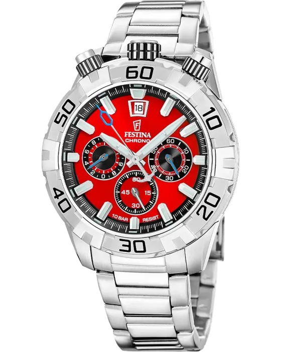 Ανδρικό ρολόι Festina Chronograph F20743 / 5, Κόκκινο καντράν, Μπρασελέ από Ανοξείδωτο ατσάλι