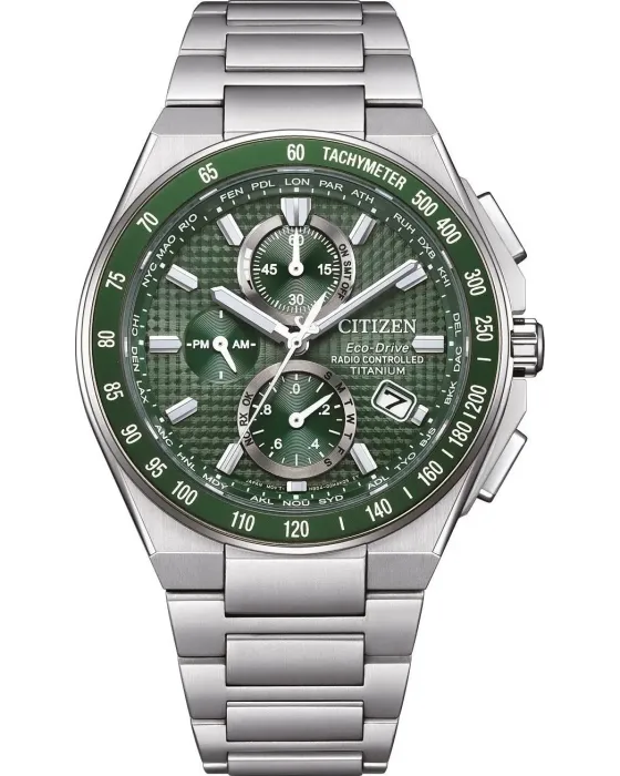 Ανδρικό ρολόι Citizen Eco-Drive Radio Controlled Chronograph AT8398-53X, Πράσινο καντράν, Μπρασελέ από Τιτάνιο